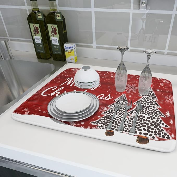 Merry Christmas Tree Red Dish Drying Mat for Kitchen Counter,Winter Snowflake Pine Drying Mat 18 x 24 Inch with Absorbent Reversible Microfiber Dish Drying Pad for Coffee Bar - Image 6
