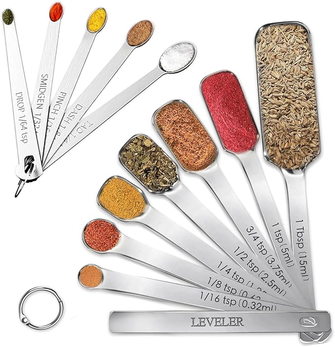Stainless Steel Measuring Spoons Set of 13, Includes 7 Rectangular Measuring Spoons, 1 Leveler & 5 Tiny Spoons, Compact Spoons Design for Spice Jars, Ideal for Dry and Liquid Ingredients by YUNNKEEY