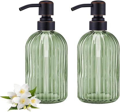 16Oz Green Glass Soap Dispenser with Rust Proof Bronze Stainless Steel Pump, Green Countertop Refillable Liquid Lotion Dispensers with Stainless Steel Pump, Oil Rubbed Bronze Soap Dispenser,2 Packs