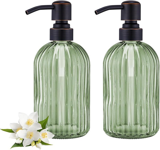 16Oz Green Glass Soap Dispenser with Rust Proof Bronze Stainless Steel Pump, Green Countertop Refillable Liquid Lotion Dispensers with Stainless Steel Pump, Oil Rubbed Bronze Soap Dispenser,2 Packs