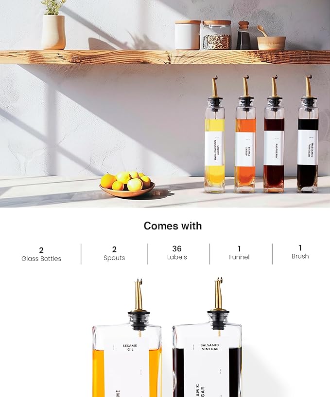 APT 1101 Olive Oil Dispenser for Kitchen, Cooking Oil and Vinegar Dispenser Set, Olive Oil Bottle, Soy sauce dispenser, coffee syrup bottles with stainless steel pourers (Silver, Set of 2) - Image 4