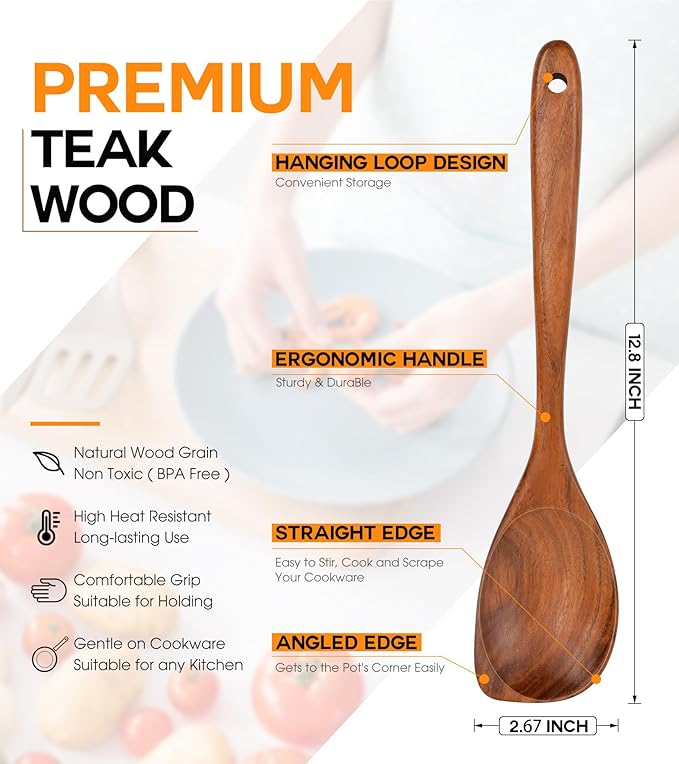Wooden Spoons for Cooking, Natural Premium Teak Wood Corner Spoon, Good Grip Large Wooden Spoons and Wooden Spatula, Heat Resistant Wooden Cooking Utensils for Nonstick Cookware Cooking Gifts - Image 2