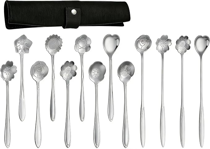12 Pcs Flower Coffee Tea Spoons Set with Storage Bag, 4 Long & 8 Short Stainless Steel Teaspoons for Sugar Dessert Ice Cream Stirring, Cute Fancy Tableware for Tea Party Kitchen Cafe Bar(Silver)