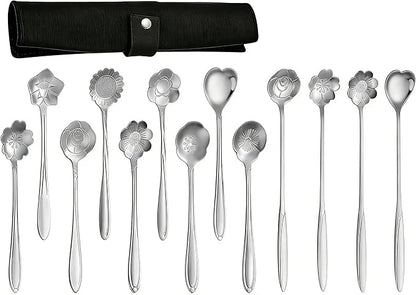 12 Pcs Flower Coffee Tea Spoons Set with Storage Bag, 4 Long & 8 Short Stainless Steel Teaspoons for Sugar Dessert Ice Cream Stirring, Cute Fancy Tableware for Tea Party Kitchen Cafe Bar(Silver)