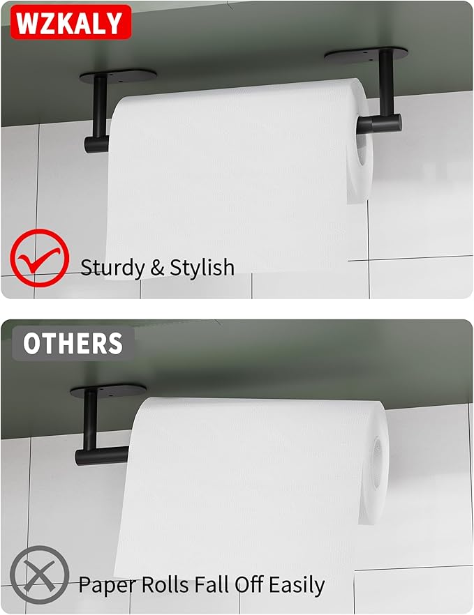 Paper Towel Holder Under Cabinet, Self Adhesive or Wall Mounted SUS304 Stainless Steel Paper Towel Holder for Kitchen, Bathroom(2 Towel Hooks, Matte Black) - Image 3