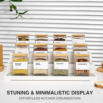 Glass Spice Jars with Bamboo Lid, 4oz Square Spice Containers for Pantry Organization, Seasoning Bottles with Labels, Spoons, Funnel for Salt Sugar