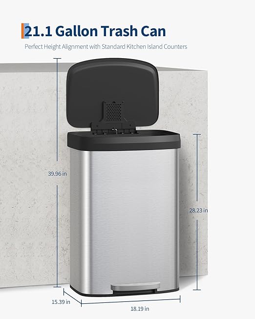 Garvee 21 gal / 80 L Stainless Steel Trash Can with Lid, Large Garbage Can for Kitchen, Rustproof Step-on Kitchen Metal Trash Bin with Liner Rim, Rear Handle, Soft Close Plastic Lid, Silver - Image 6