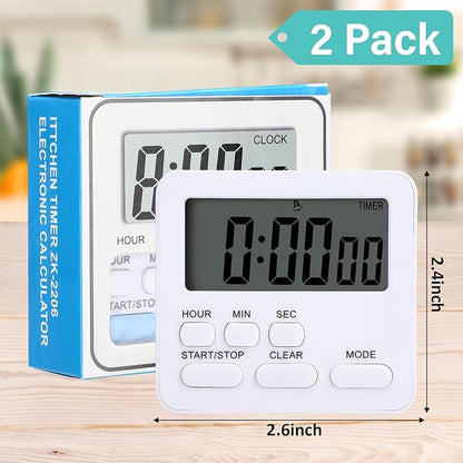 Leumoi 2 Pcs Digital Kitchen Timer 24 Hour Clock and Alarm Function Timer On/Off Switch Minute Second Count up Countdown Loud Alarm for Exercise Cook Baking(White)