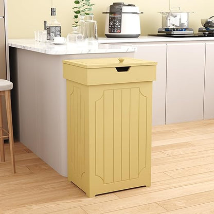 Function Home Trash Can Cabinet, 13 Gallon Kitchen Garbage Can, Wood Recycling Trash Bin, Freestanding Dog Proof Trash Can, Farmhouse Trash Cabinet with Lid for Home Kitchen Bathroom, Yellow - Image 2