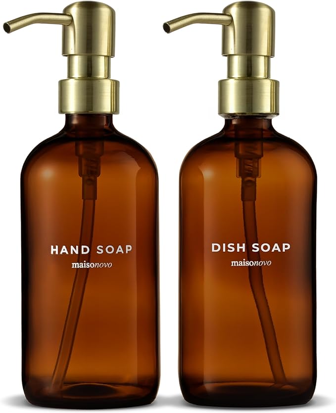 MaisoNovo Soap Dispenser 2-Piece Set | 16.9oz Amber Bottles with Gold Stainless Steel Pump Core