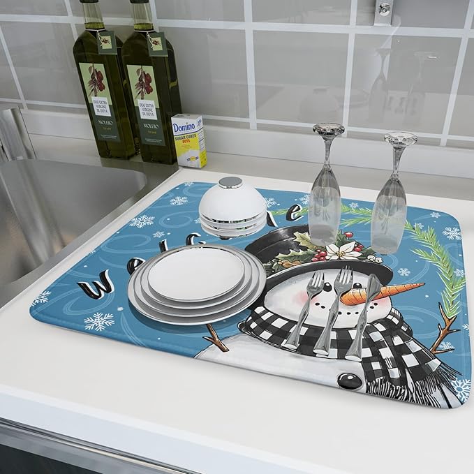 Christmas Snowman Dish Drying Mat for Kitchen Counter 18x24 Blue White Snowflake Welcome Winter Holiday Absorbent Reversible Microfiber Drying Mats Kitchen Countertop Protector Dishes Drainer Rack Pad - Image 6