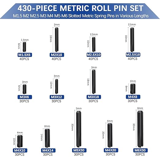 430 Pcs Roll Pin Set, Slotted Metric Spring Pins, Steel Split Expansion Pin M1.5 M2 M2.5 M3 M4 M5 M6, Spring Dowel Tension Roll Pins for Home Improvement Automotive Repair - Image 2