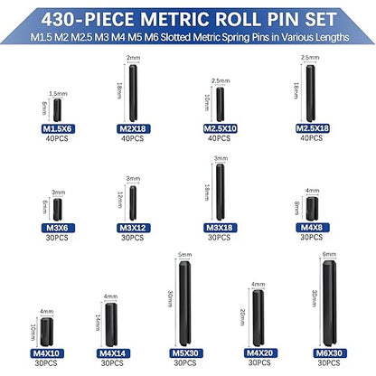 430 Pcs Roll Pin Set, Slotted Metric Spring Pins, Steel Split Expansion Pin M1.5 M2 M2.5 M3 M4 M5 M6, Spring Dowel Tension Roll Pins for Home Improvement Automotive Repair - Image 2
