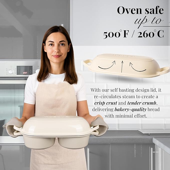 Dutch Oven For Sourdough Bread Baking – Enamelled Cast Iron Bread Loaf Pot – 500°F Oven Safe Non Stick Bread Pot – Double Round Loaf Space, 16.5cm Diameter, Cream, – by Nuovva - Image 4