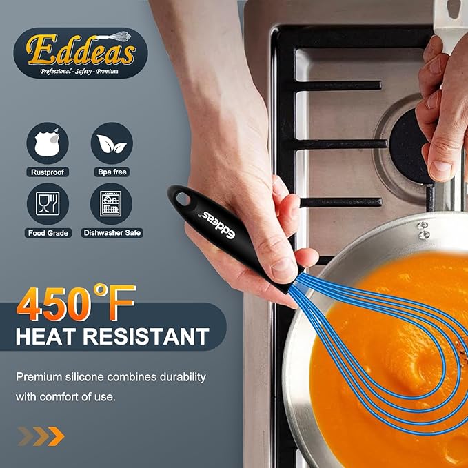 Eddeas Silicone Whisk, Non Scratch Whisk for Cooking, 5+7+9+11in Balloon Whisks, Suitable for Mixing, Blending. 11in Flat Whisks great for Ceramic Coated pans and Wider shallower pots. (Blue) - Image 5