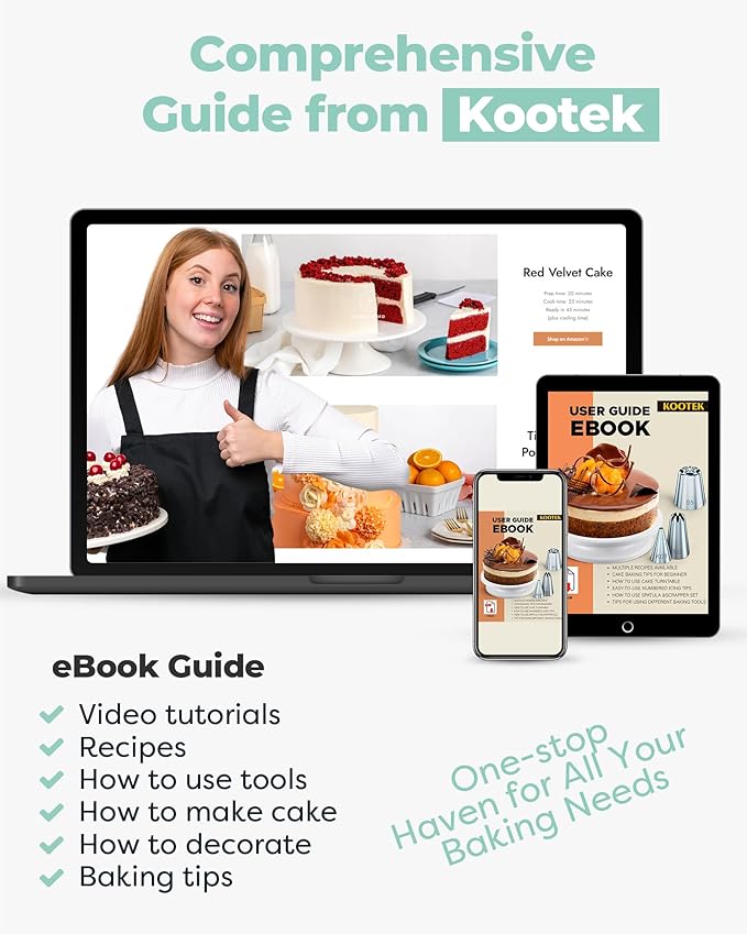 Kootek 71PCs Cake Decorating Kit, Baking Supplies Tools - Includes Cake Stand Turntable, 12 Icing Piping Tips Set, 2 Frosting Spatulas, 3 Scrapers, 50+2 Piping Bags, Coupler, Video Tutorial, Booklet - Image 4