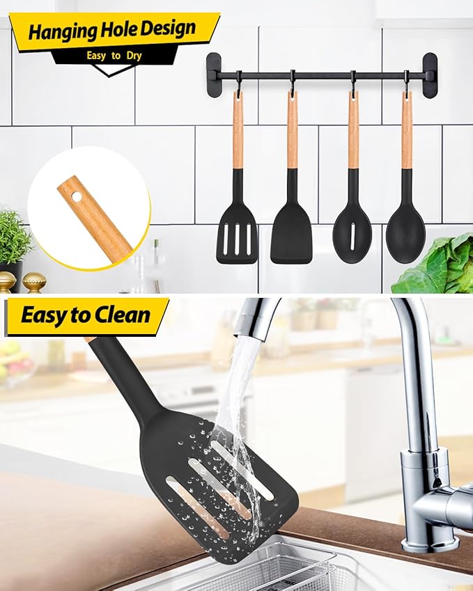 Pack of 4 Silicone Cooking Utensils Set, Non Stick Solid Spatulas and Heat Resistant Slotted Spoons with Wooden Handle, Ideal Wood Kitchen Utensils Set for Frying,Serving,Turning,Stirring (BLACK) - Image 6