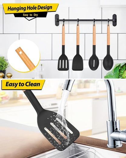 Pack of 4 Silicone Cooking Utensils Set, Non Stick Solid Spatulas and Heat Resistant Slotted Spoons with Wooden Handle, Ideal Wood Kitchen Utensils Set for Frying,Serving,Turning,Stirring (BLACK) - Image 6