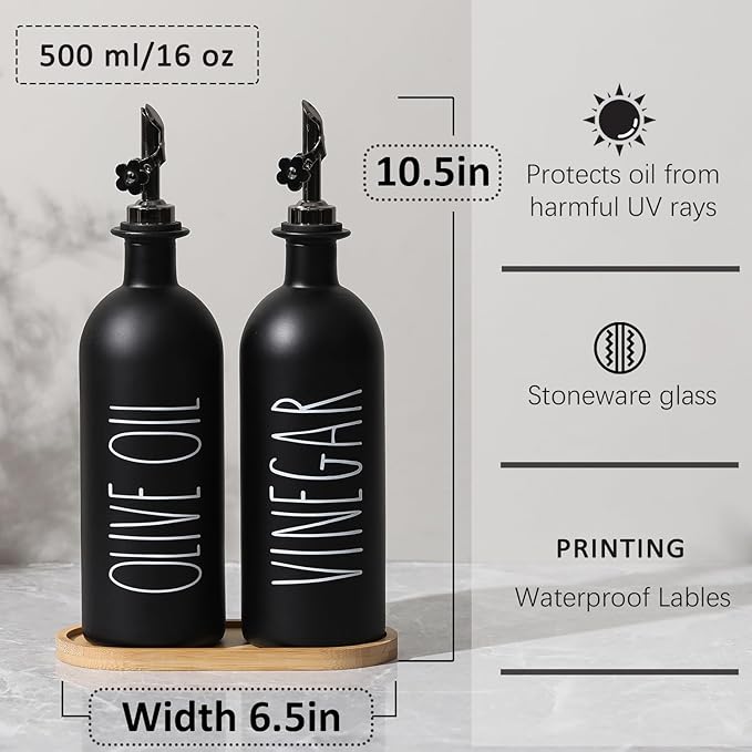 HOMCDALY 16oz Olive Oil Dispenser Bottles for Kitchen, Glass Black Oil&Vinegar Dispenser Set, Kitchen Olive Oil Bottles with Bamboo Tray| Set of 2 (16oz-P-Black) - Image 3