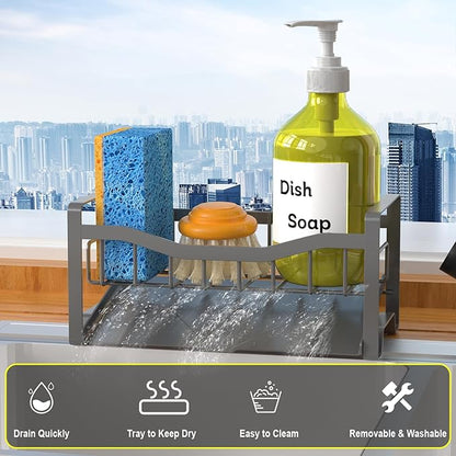 Maifan Stainless Steel Kitchen Sink Caddy Organizer with Auto Drain Tray, Sponge Holder for Countertop Storage Dark Gray - Image 3