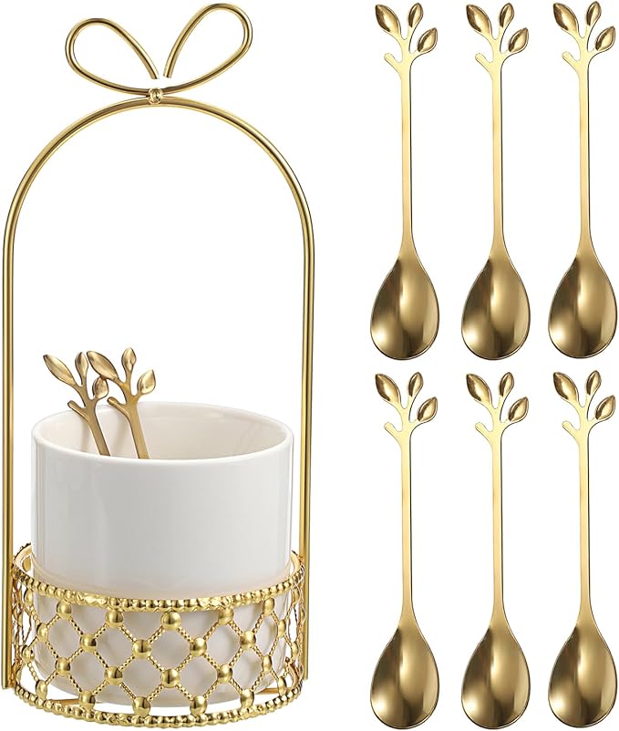 ELLDOO Coffee Spoon Set, White Ceramic Holder with 8 Stainless Steel Gold Leaf Coffee Spoons, Creative Flatware Set for Stirring, Mixing, Sugar, Ice Cream, Cake (8 x Spoons) by ELLDOO