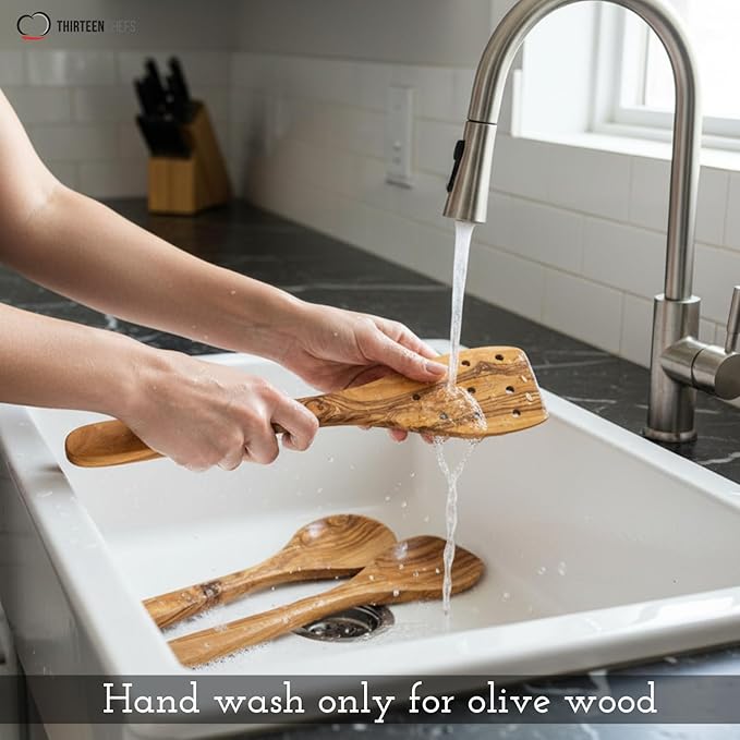 Tramanto Olive Wood Utensil Set - 5 Piece Spatula and Spoon Wooden Cooking Tools, 12 Inch Long, Rustic Hand Made with Gift Box