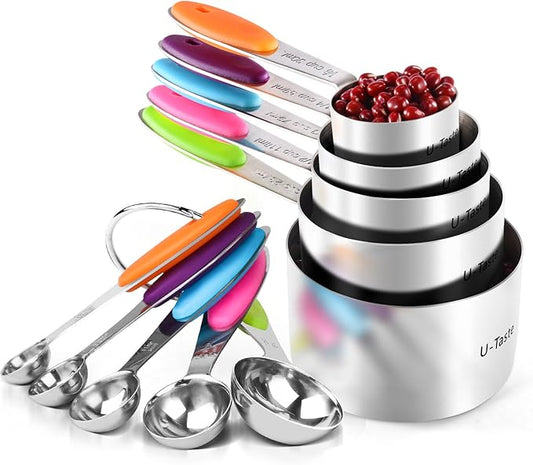 Measuring Cups : U-Taste 18/8 Stainless Steel Measuring Cups and Spoons Set of 10 Piece, Upgraded Thickness Handle (Multicolors) by U-Taste
