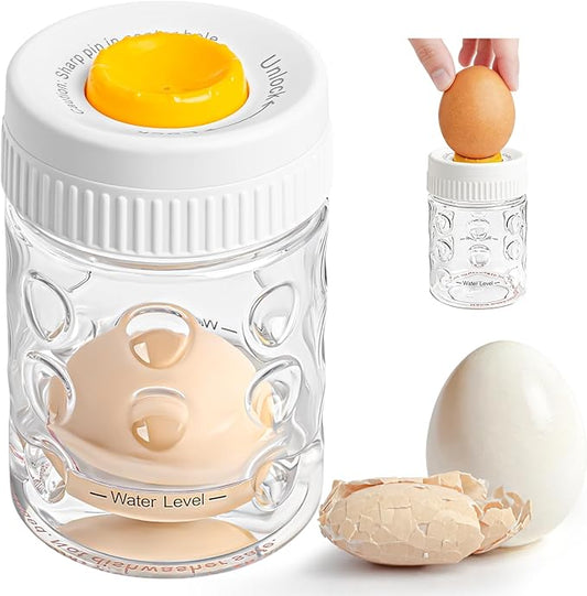 2 in 1 Egg Peeler with Piercer, Hard Boiled Egg Shell Remover Tool with Rotary Lock & Leak-Proof Design, Clear Egg Peeler for Meal Prep, Fitness, Camping & Deviled Eggs, Easy to Use & Clean (White)