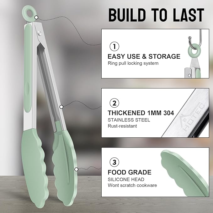 HOTEC Premium Stainless Steel Locking Kitchen Tongs with Silicon Tips, Set of 3-7", 9" and 12" (Light Green) - Image 3