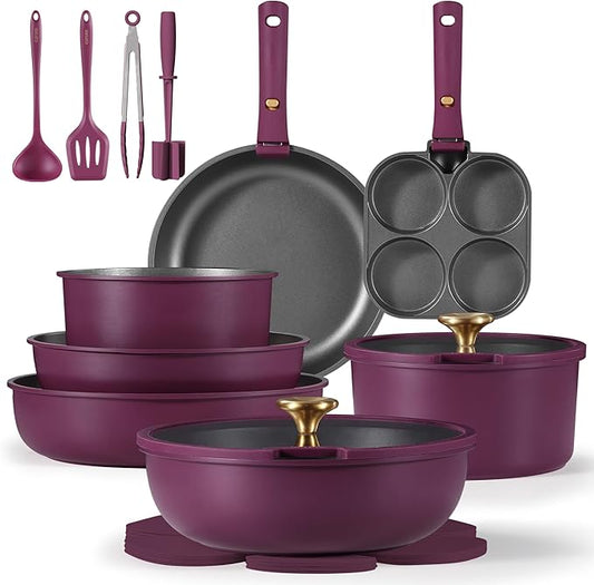 CAROTE 21pcs Pots and Pans Set, Nonstick Cookware Set Detachable Handle, Induction Kitchen Cookware Sets Non Stick with Removable Handle, RV Cookware Set, Gold and Purple by CAROTE