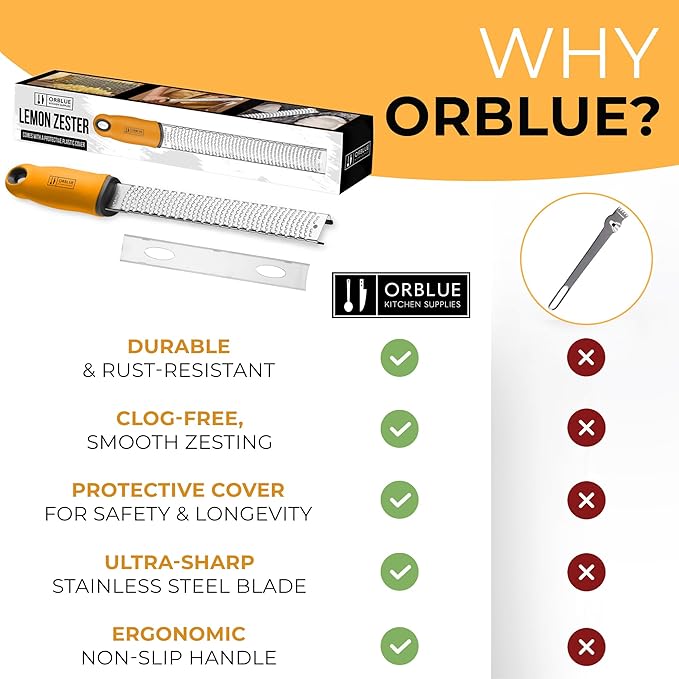 Orblue Lemon Zester & Cheese Grater - Premium Citrus Zester, Kitchen Grater for Parmesan, Chocolate, Fruits, Vegetables, Ginger, Garlic, Nutmeg - Stainless Steel Blades with Protective Cover, Orange - Image 8
