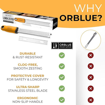Orblue Lemon Zester & Cheese Grater - Premium Citrus Zester, Kitchen Grater for Parmesan, Chocolate, Fruits, Vegetables, Ginger, Garlic, Nutmeg - Stainless Steel Blades with Protective Cover, Orange - Image 8