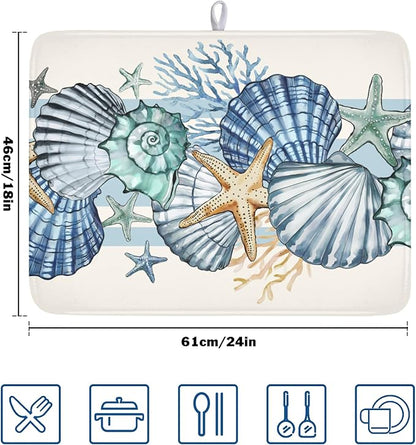 Summer Sea Shell Drying Mat 24x18 Inch, Starfish Drying Mat with Absorbent Reversible Microfiber, Coastal Dish Drainer Mats Holiday Ocean Rack Pad for Coffee Countertop Kitchen Protector