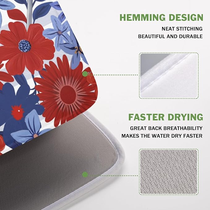 Patriotic Floral Dish Drying Mat for Kitchen Counter 4th of July American Flag Microfiber Dish Drainer Mat Red and Blue Flower Absorbent Washable Drying Pad 16"x18"
