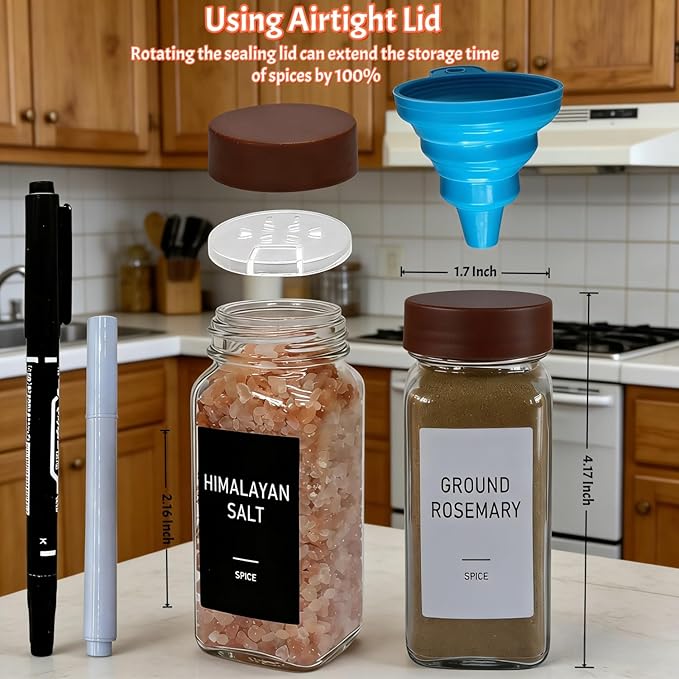Spice Jars with Labels - 24 Glass Spice with Shaker Lids & Airtight Plastic Caps - 4oz Complete Seasoning Containers Organizer Set for Cabinet, Drawer & Rack (Brown) - Image 5
