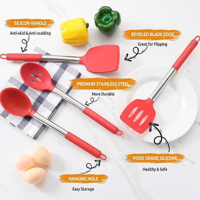 Cooking Utensils Set of 4, E-far Silicone Kitchen Utensils for Non-stick Cookware, Heat Resistant & Non-toxic Slotted Spatula Solid Spoon Turner for Flipping Mixing Serving Basting(Red) - Image 4
