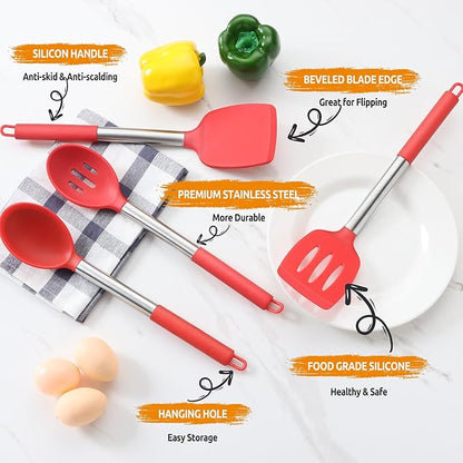 Cooking Utensils Set of 4, E-far Silicone Kitchen Utensils for Non-stick Cookware, Heat Resistant & Non-toxic Slotted Spatula Solid Spoon Turner for Flipping Mixing Serving Basting(Red) - Image 4