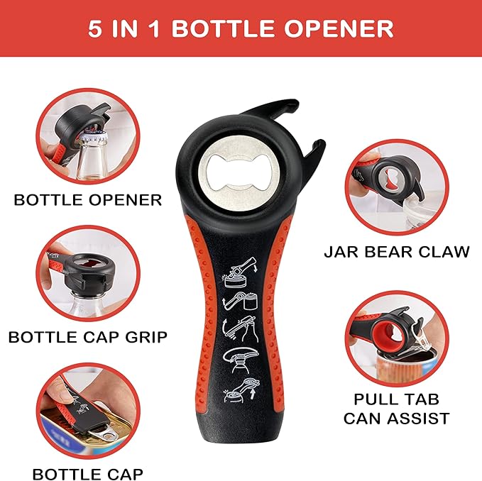 Jar Opener for Weak Hands, Seniors with Arthritis, 5 in 1 Multi Function Bottle Opener Lid Opener For Arthritic Hands with Non Slip Rubber Jar opener Gripper Pad(red) - Image 4
