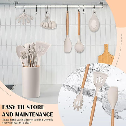 HaWare Kitchen Cooking Utensils Set, 23-Piece Silicone Kitchen Utensils Spatula Set with Holder, Heat Resistant Wooden Handle Kitchen Gadget for Nonstick Cookware, Food-grade Turner Spoon Sets (Khaki) - Image 7