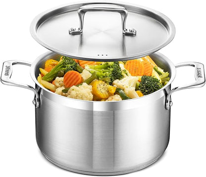 Stainless Steel Stockpot with Lid 5 Quart, Durable 18/8 Stainless Steel, Impact-Bonded Base for Even Heating, Riveted Handles, Oven & All Stove Compatible, Safe Up To 500°F (260°C) by Unknown