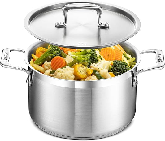 Stainless Steel Stockpot with Lid 5 Quart, Durable 18/8 Stainless Steel, Impact-Bonded Base for Even Heating, Riveted Handles, Oven & All Stove Compatible, Safe Up To 500°F (260°C) by Unknown