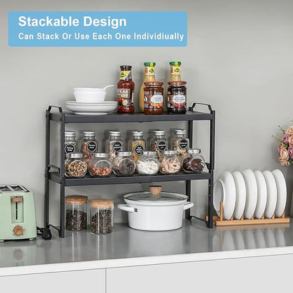 25.5 Inches 3 Pack Expandable Cabinet Shelves, Stackable Shelf Organizer For Kitchen Cabinet Countertop Storage, Adjustable Counter Cupboard Pantry Organizer Shelf Rack Stand Riser, Black - Image 3