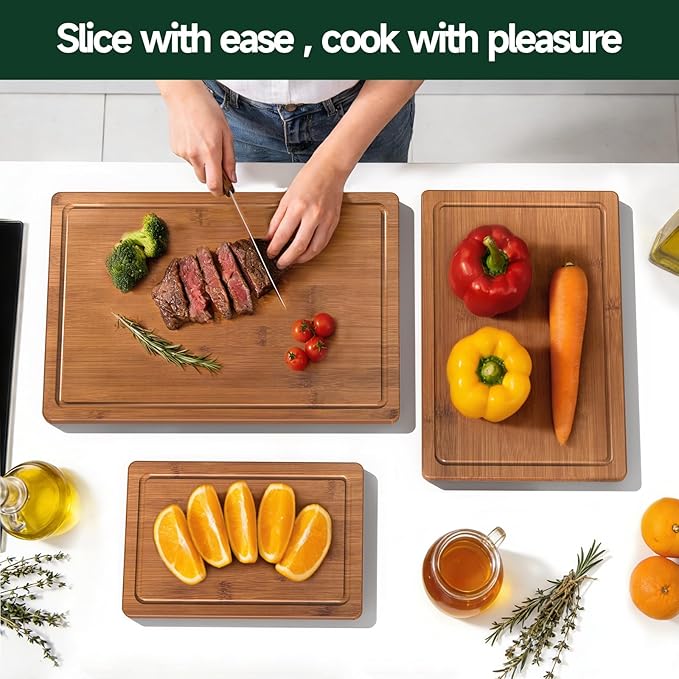 3-Piece Set Bamboo Cutting Board for Kitchen - Crack-Resistant Wood Chopping Boards with Deep Juice Grooves, Pre-Oiled Butcher Block for Meat, Vegetables & Cheese, Carbonized - Image 7