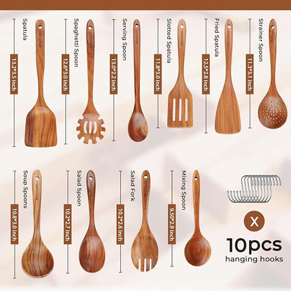 Wooden Spoons for Cooking, 10 PCS Teak Wood Cookware Utensil Set with Hooks - Smooth Finish, Non-Stick, Comfortable Grip, Heat Resistant Kitchen Utensils Gift Box - Image 3