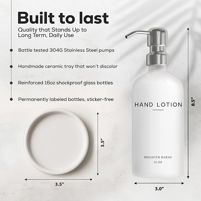 White Glass Lotion Dispenser with Pump Bathroom Set by Brighter Barns - Hand Lotion Dispenser Set with Tray - Modern Bathroom Accessories for Guest House, Hotel, Spa, Restaurant, Airbnb, Gift (White) - Image 3