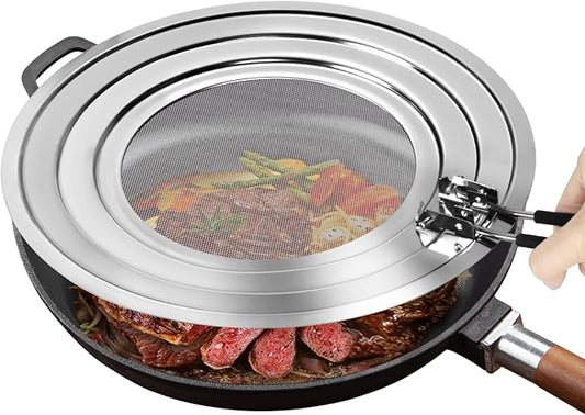 Stainless Steel Splatter Screen for Frying Pan - Grease Splatter Guard with Folding Handle - Cover Oil Splash from Bacon, Oil, or Deep Fryer - Food Strainer and Universal Cookware by NONLEY