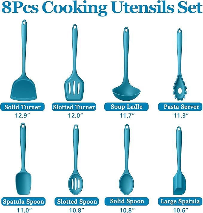 LIANYU 8Pcs Kitchen Utensils Set, Heat Resistant Cooking Utensils, Kitchen Tools Gadgets for Nonstick Cookware, Includes Silicone Spatula, Ladle, Spoon Turner, Dishwasher Safe, Blue - Image 2