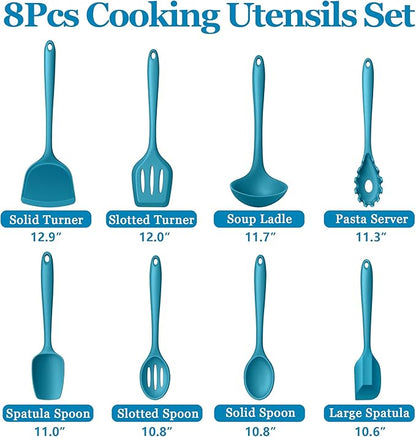 LIANYU 8Pcs Kitchen Utensils Set, Heat Resistant Cooking Utensils, Kitchen Tools Gadgets for Nonstick Cookware, Includes Silicone Spatula, Ladle, Spoon Turner, Dishwasher Safe, Blue - Image 2