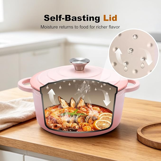Enameled Cast Iron Dutch Oven - 7QT Pot with Lid,Oven Safe to 500°F,Heavy-Duty Cookware for Sourdough Bread Baking,Braising,Stews,Roasting Pink - Image 4