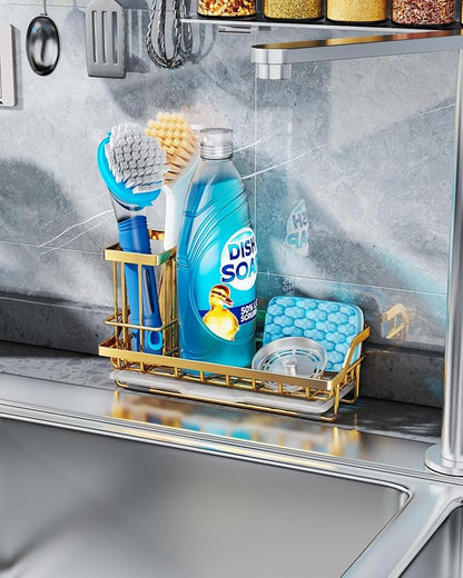 Consumest Sink Caddy, Kitchen Sponge Holder with Dish Brush Holder, Kitchen Sink Organizer with Drip Tray for Countertop, Stainless Steel Rustproof - Gold - Image 7